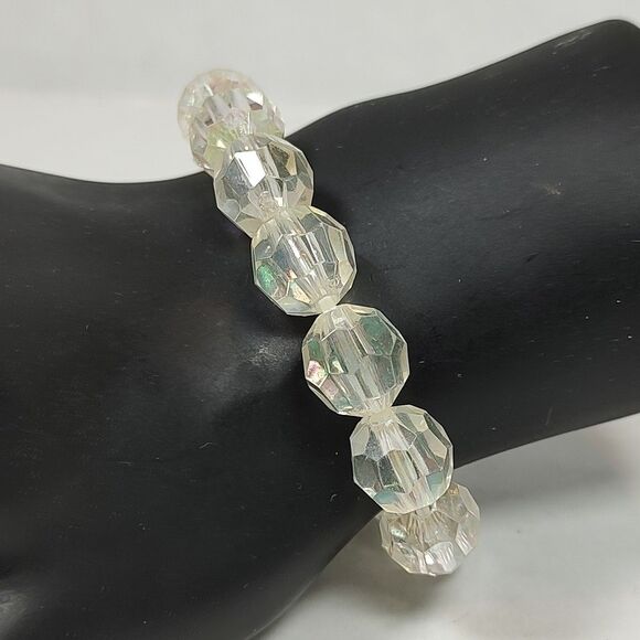 Opaque Clear Iridescent Plastic Beaded Stretch Fashion Bracelet 5.75" Bridal - Picture 3 of 13